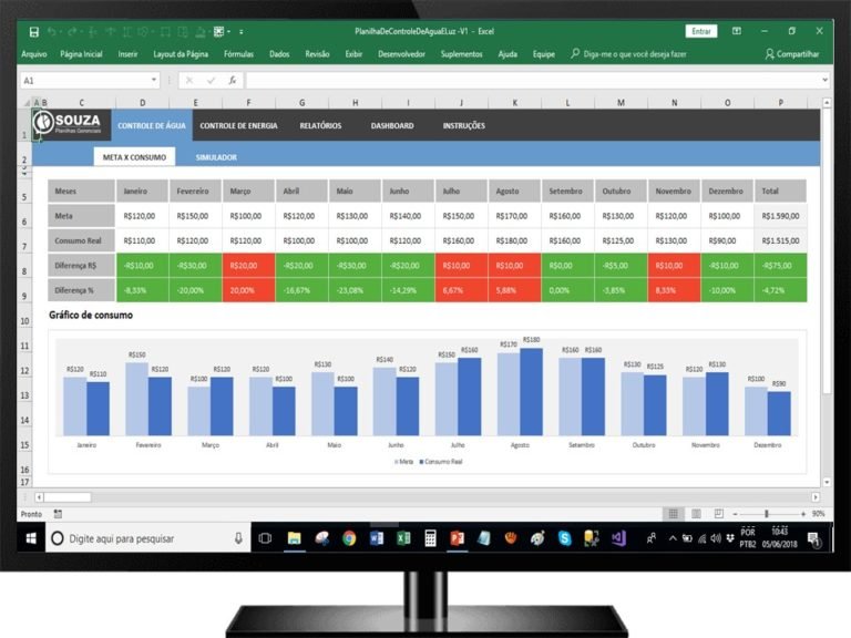 Controle De Consumo De Água E Luz Em Excel Souza Sistemas 0792