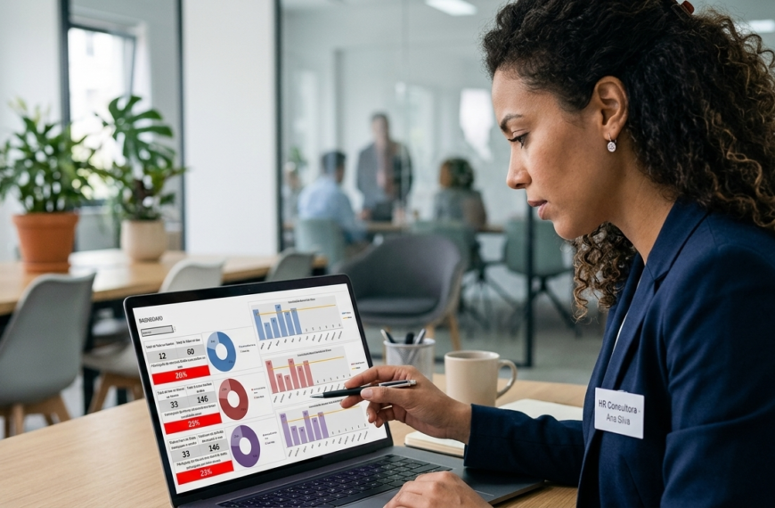 Consultora de RH utilizando planilha de controle de absenteísmo