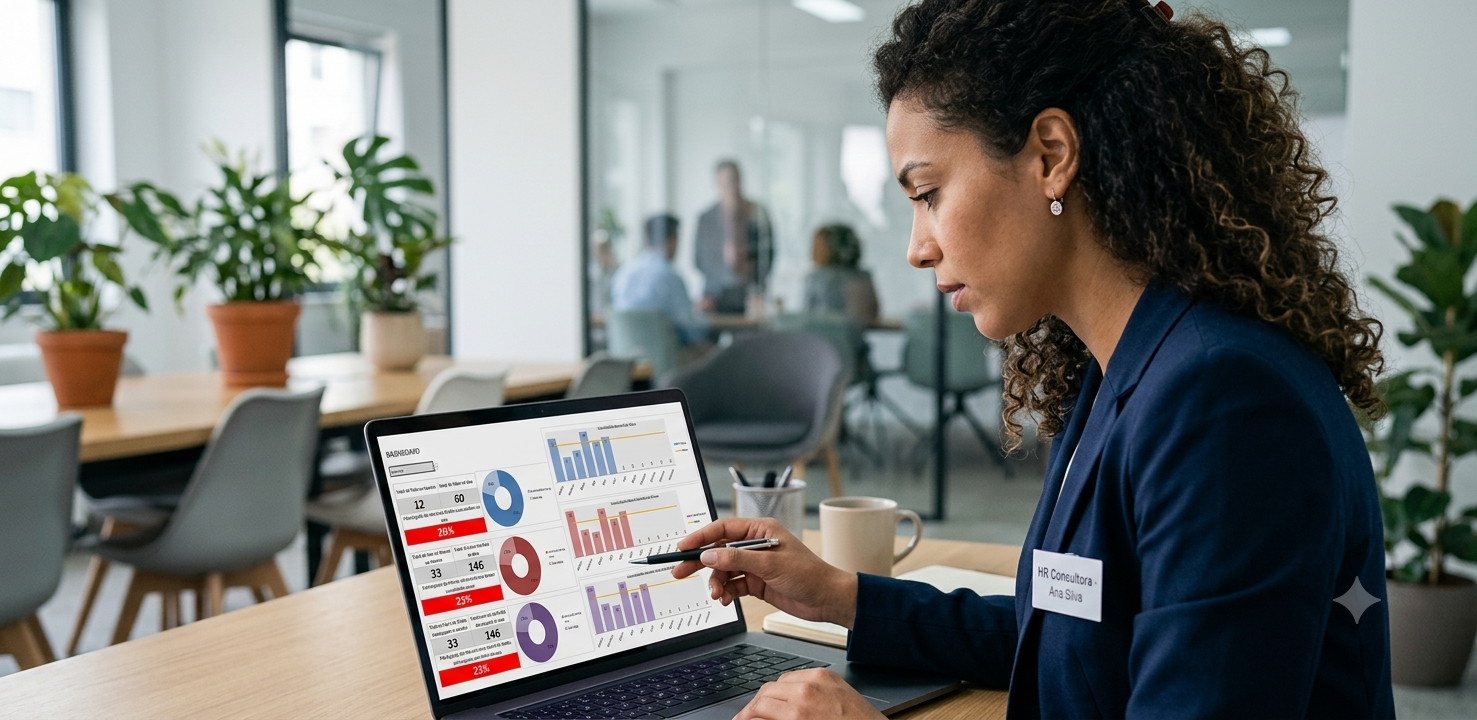 Consultora de RH utilizando planilha de controle de absenteísmo