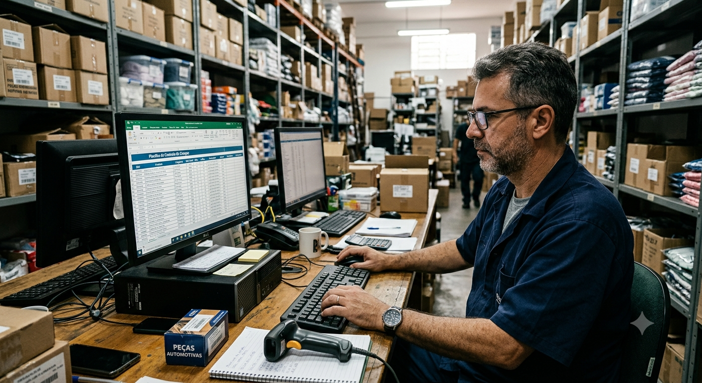 Interface de uma planilha de controle de estoque preenchida com produtos